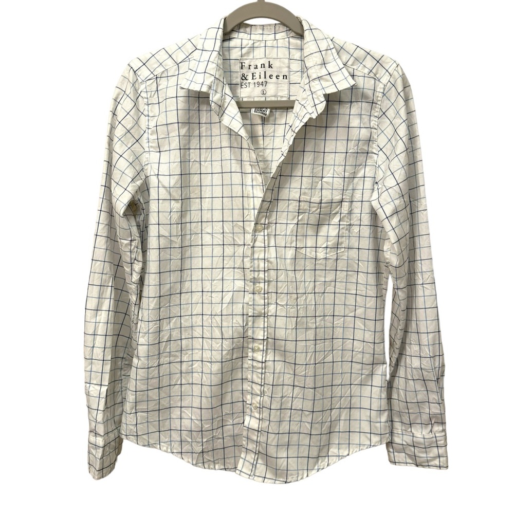 Frank & Eileen White Button-Down Shirt with Blue Windowpane Grid